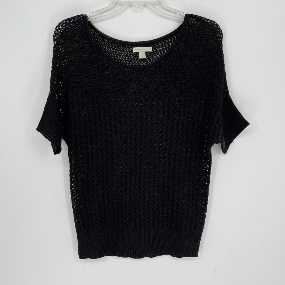 New York & Company Women's Black Open Knit Crochet Dolman Sleeve Sweater Size S